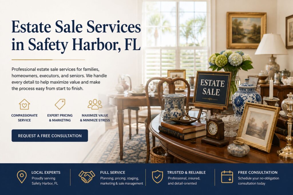 Estate sale services Safety Harbor FL for downsizing, estate settlement, relocation, pricing, staging and professional estate sale management