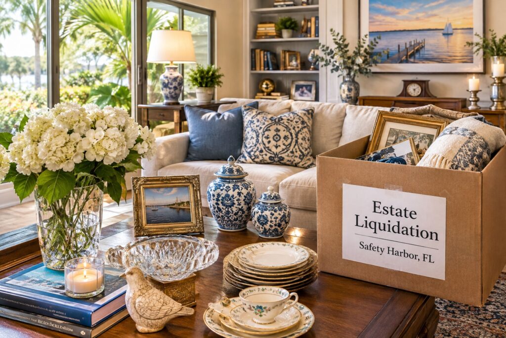 Estate liquidation Safety Harbor FL services with furniture, collectibles and household contents prepared for sale
