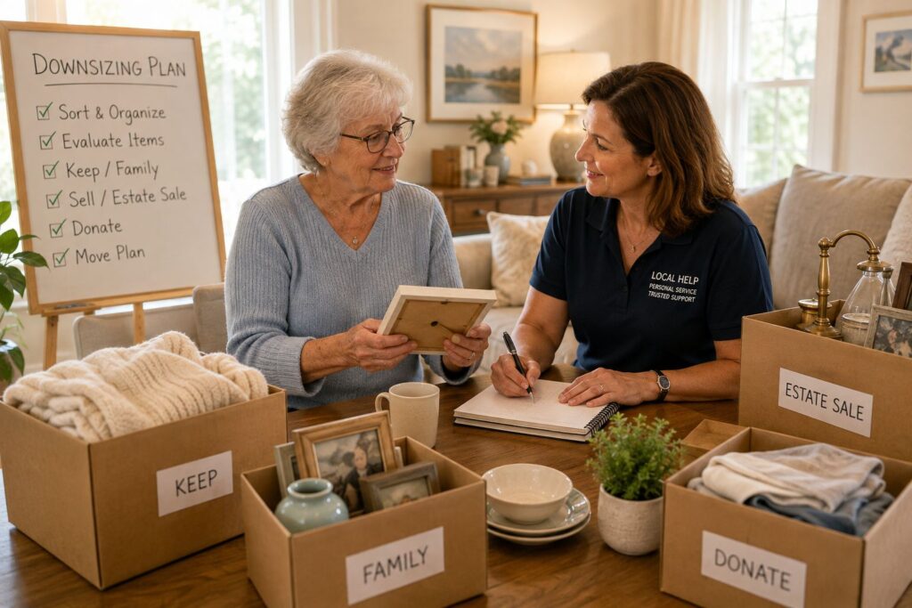 Senior downsizing Safety Harbor FL services helping an older adult organize belongings and plan an estate sale, donation, and move
