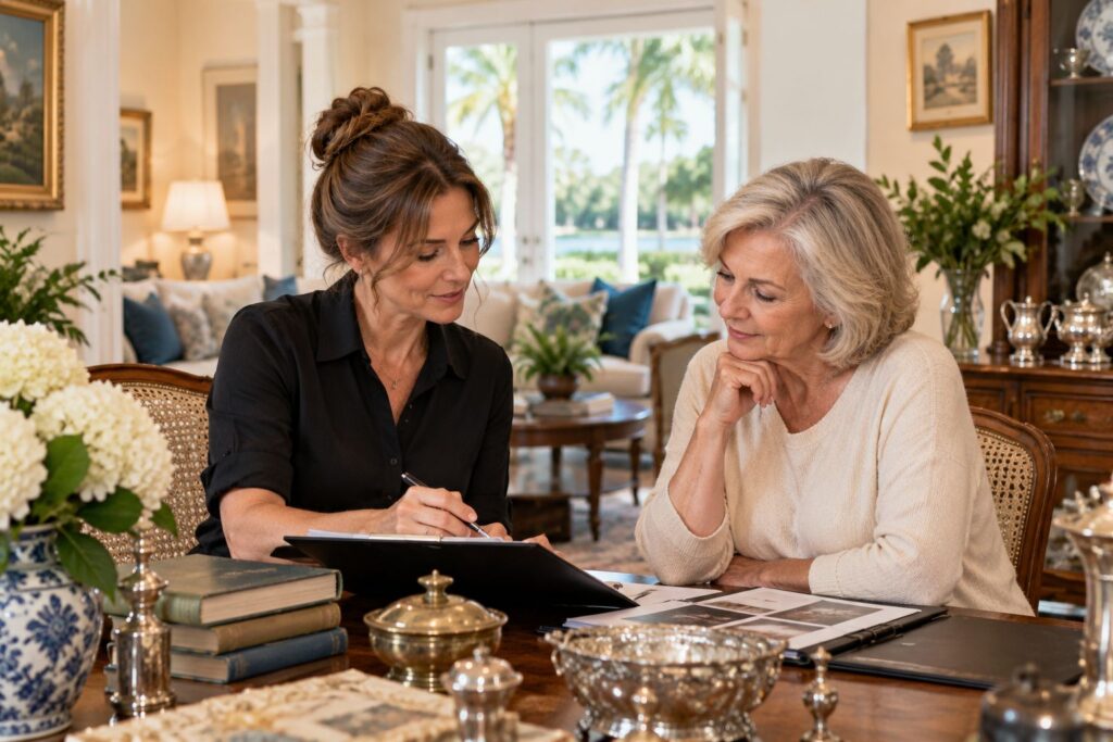 Estate sale consultation in Safety Harbor FL with a professional helping a homeowner review household belongings and estate sale planning