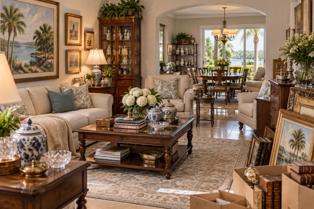 Estate liquidation Safety Harbor FL home with furniture, artwork, collectibles and household belongings organized for evaluation before sale
