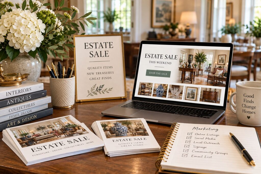 Estate sale advertising and local marketing materials promoting furniture, collectibles and household items in Safety Harbor FL