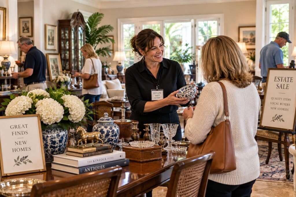Estate sale professional assisting buyers and managing merchandise during an estate sale in Safety Harbor FL