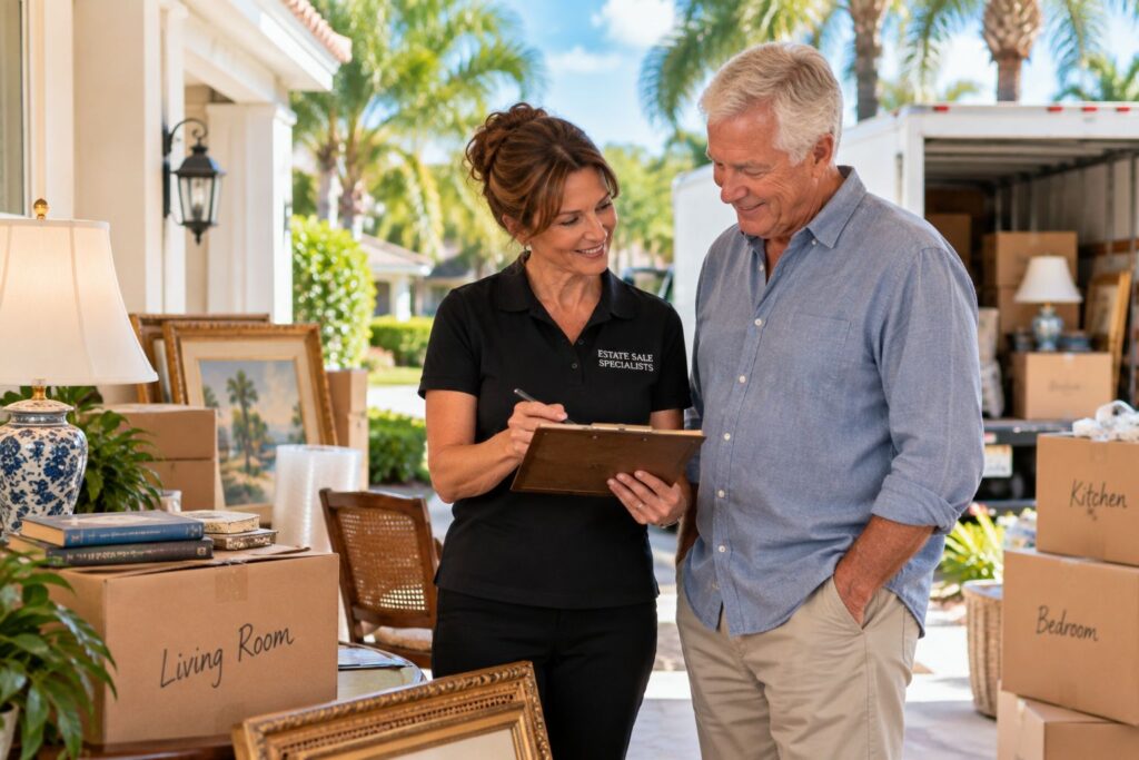 Estate sale services Safety Harbor FL helping homeowners organize and sell furniture and household belongings before relocation