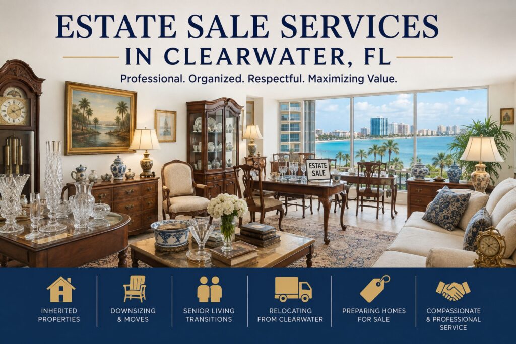 Estate sale services Clearwater FL for inherited properties, downsizing and relocation with professional pricing, staging and sale management