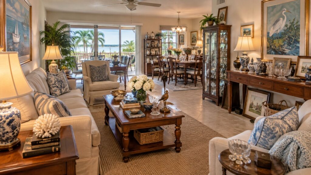 Professional estate sale services in Dunedin FL with furniture, home decor and household belongings organized and staged for an estate sale
