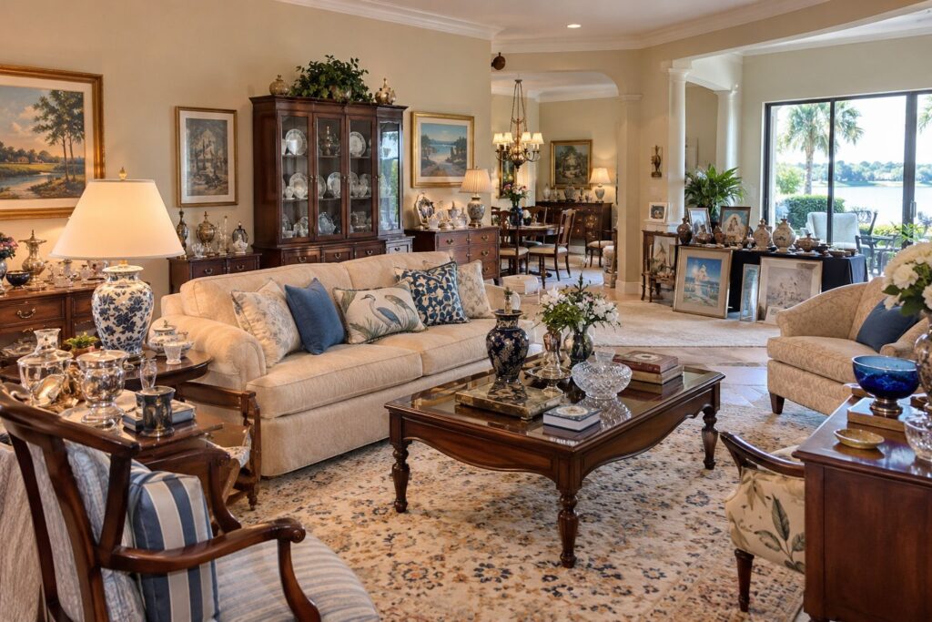 Professional estate sale services in Oldsmar FL with furniture, collectibles and household belongings organized and staged for an estate sale