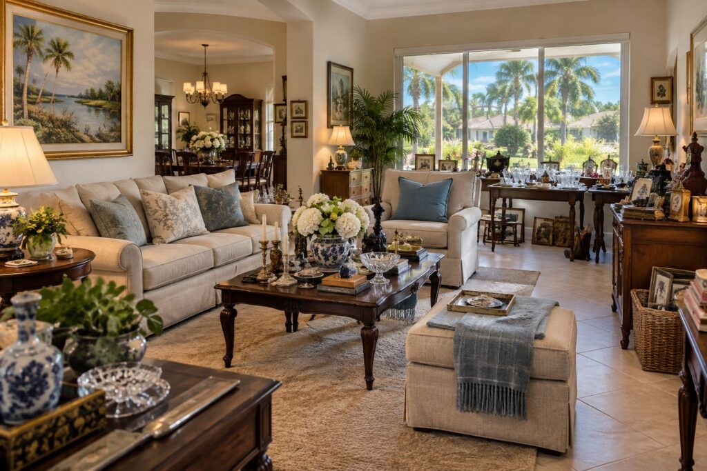 Estate sale services Pinellas Park FL with furniture, artwork, collectibles and household belongings professionally organized inside a Florida home