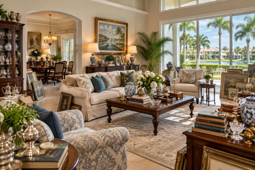 Estate sale services Westchase FL with furniture, artwork, collectibles and household belongings organized inside a Florida community home