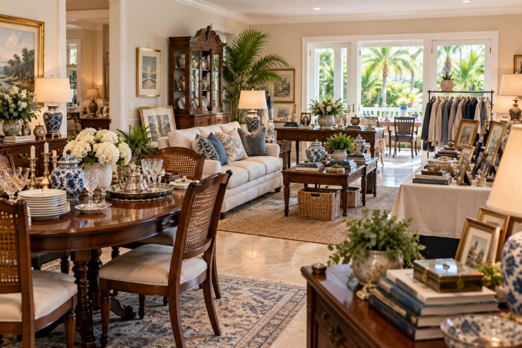 Professionally staged furniture, décor and household items prepared for an estate sale in Safety Harbor FL