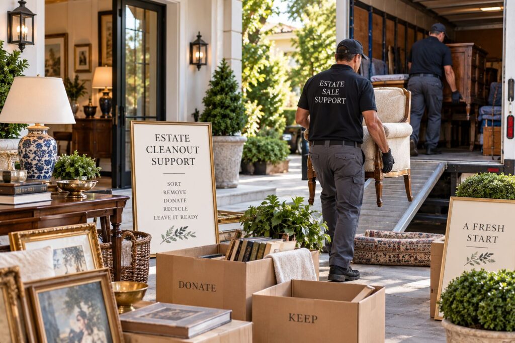 Post-sale estate cleanout support with furniture and household belongings being sorted and removed in Safety Harbor FL