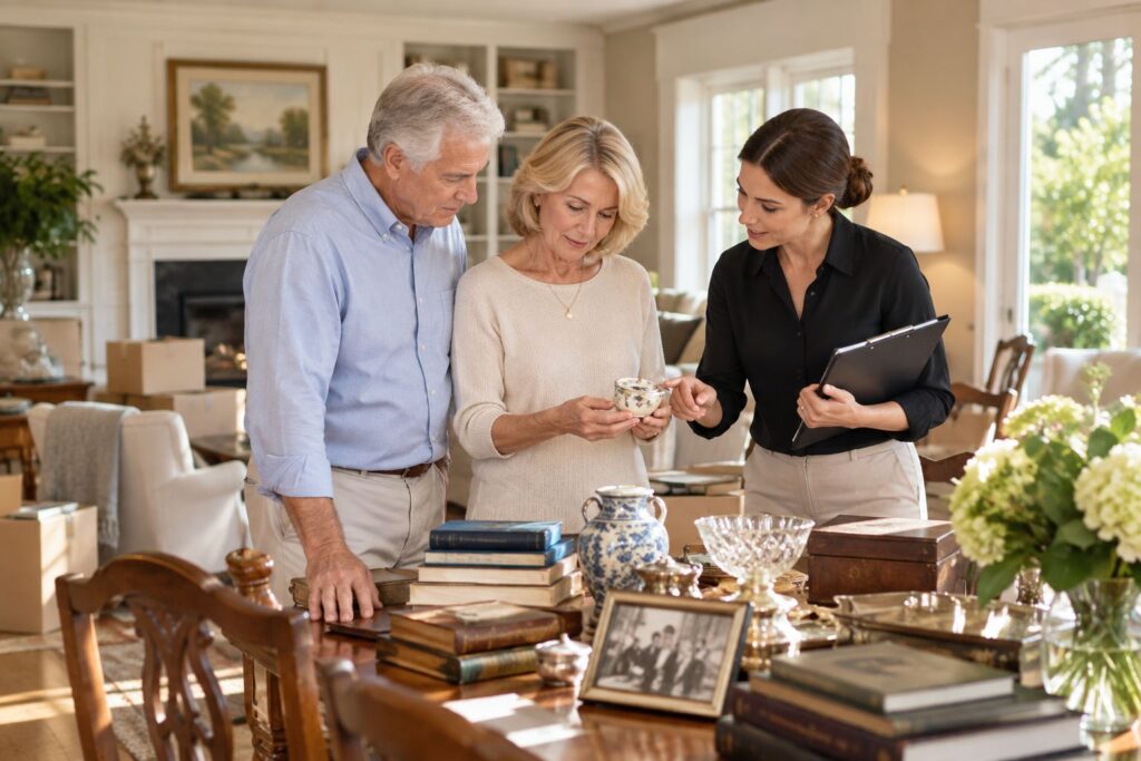 Probate and inherited estate services Safety Harbor FL helping a family review furniture, collectibles and household belongings in an inherited home