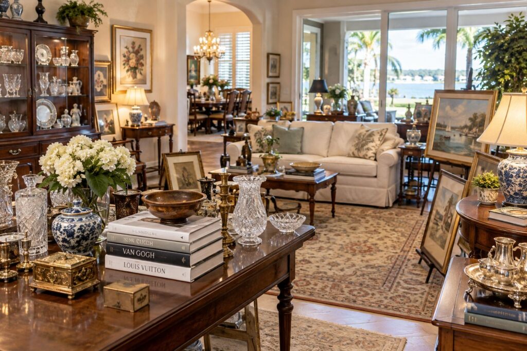 Professional estate sale services Safety Harbor FL with furniture, artwork, collectibles, glassware and household items organized for an estate sale