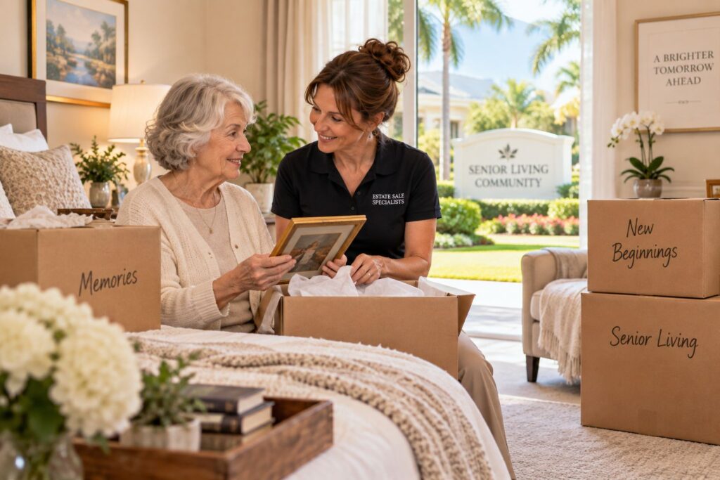 Senior living estate sale services in Safety Harbor FL helping an older adult organize household belongings while preparing for a move to a senior living community