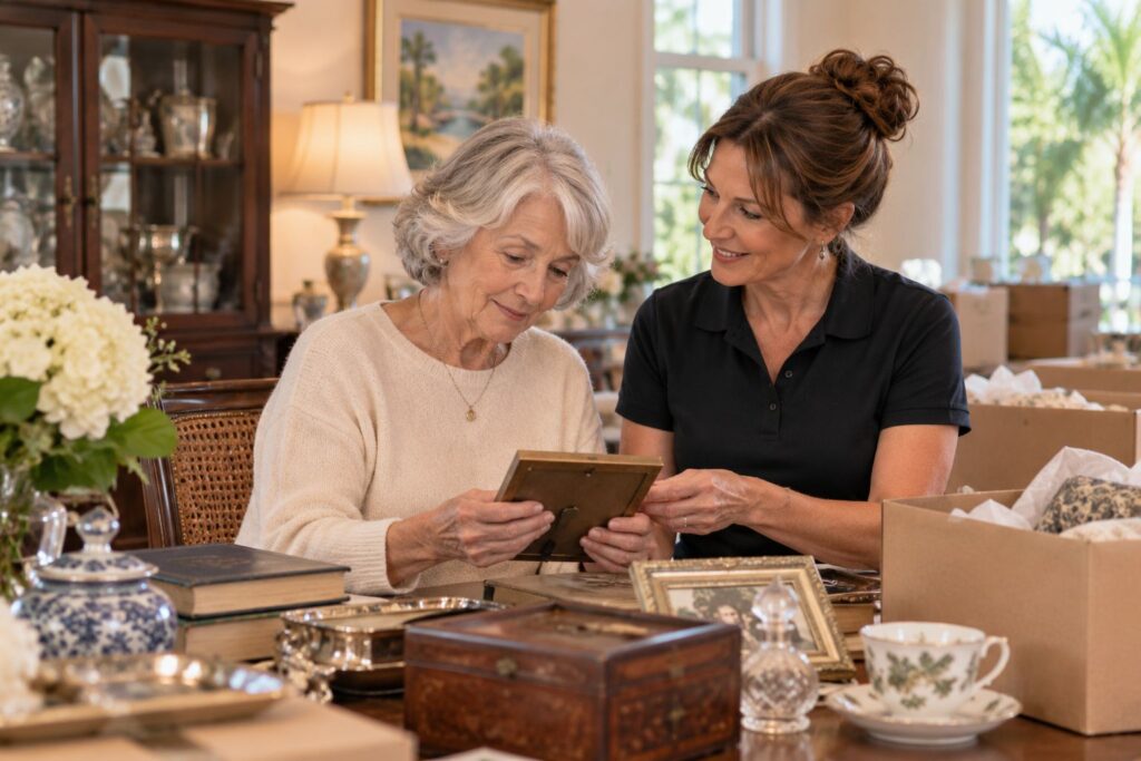 Senior downsizing estate sale services in Safety Harbor FL helping organize furniture, collectibles and household belongings before a move